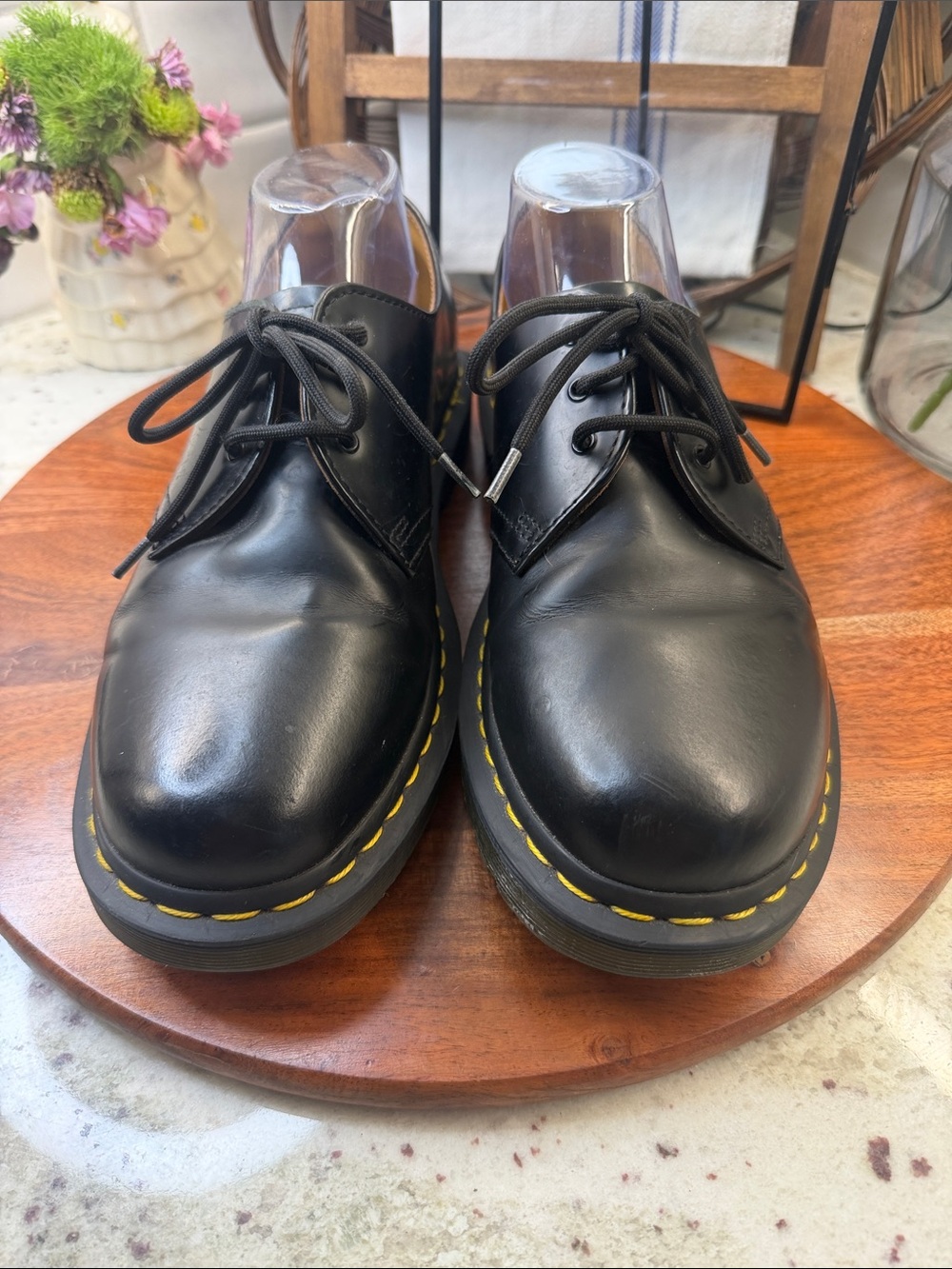 Dr. Martens Black Leather Derby Shoes with Yellow Stitching